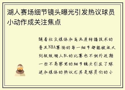 湖人赛场细节镜头曝光引发热议球员小动作成关注焦点